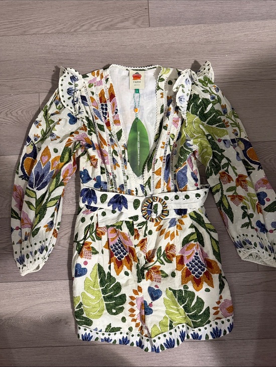 FARM Rio Pants - FARM Rio White Floral Embroidered Long-Sleeve romper with Belt